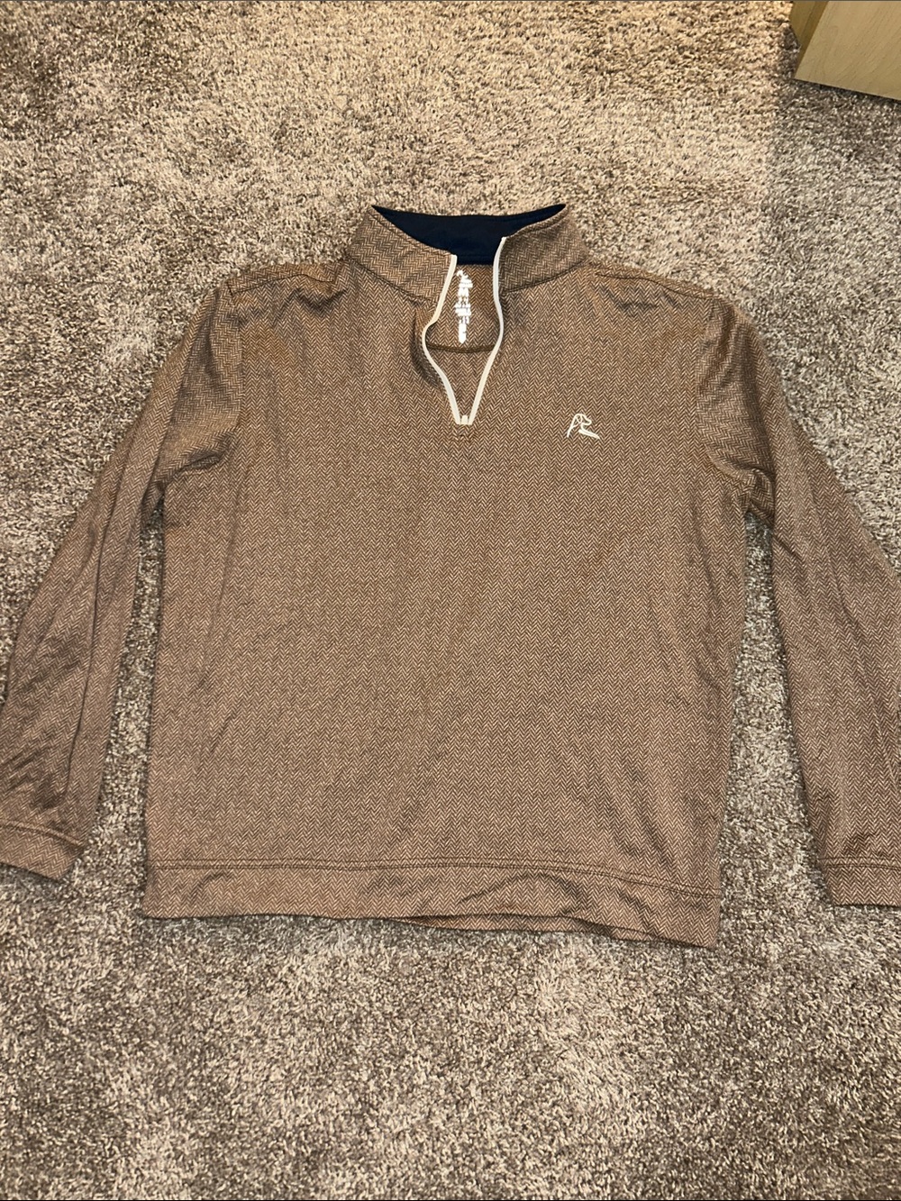 Rhoback Tan Herringbone Q-Zip with Navy Collar and White Trim